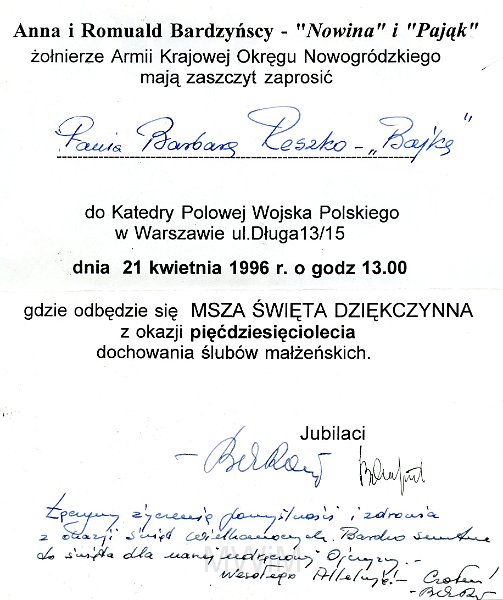 zap 1a.jpg - Rewers zap 1. Dok. Zaproszenie. Zaproszenie dla Barbary Reszko „Bajka” na uroczystości 50-lecia pożycia małżeńskiego Anny i Romualda Bardzyńscy („Nowina” i „Pająk”), Warszawa, 21 IV 1996 r.